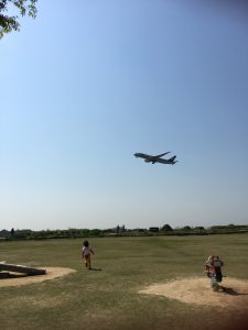 飛行機を見上げるもも子